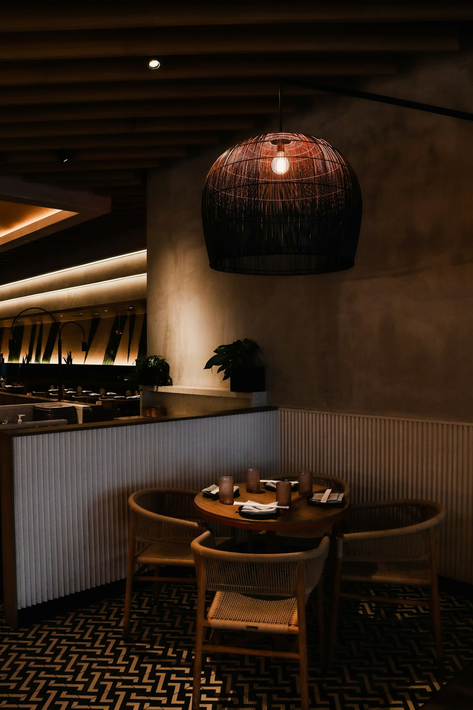 A warmly lit corner of the dining room