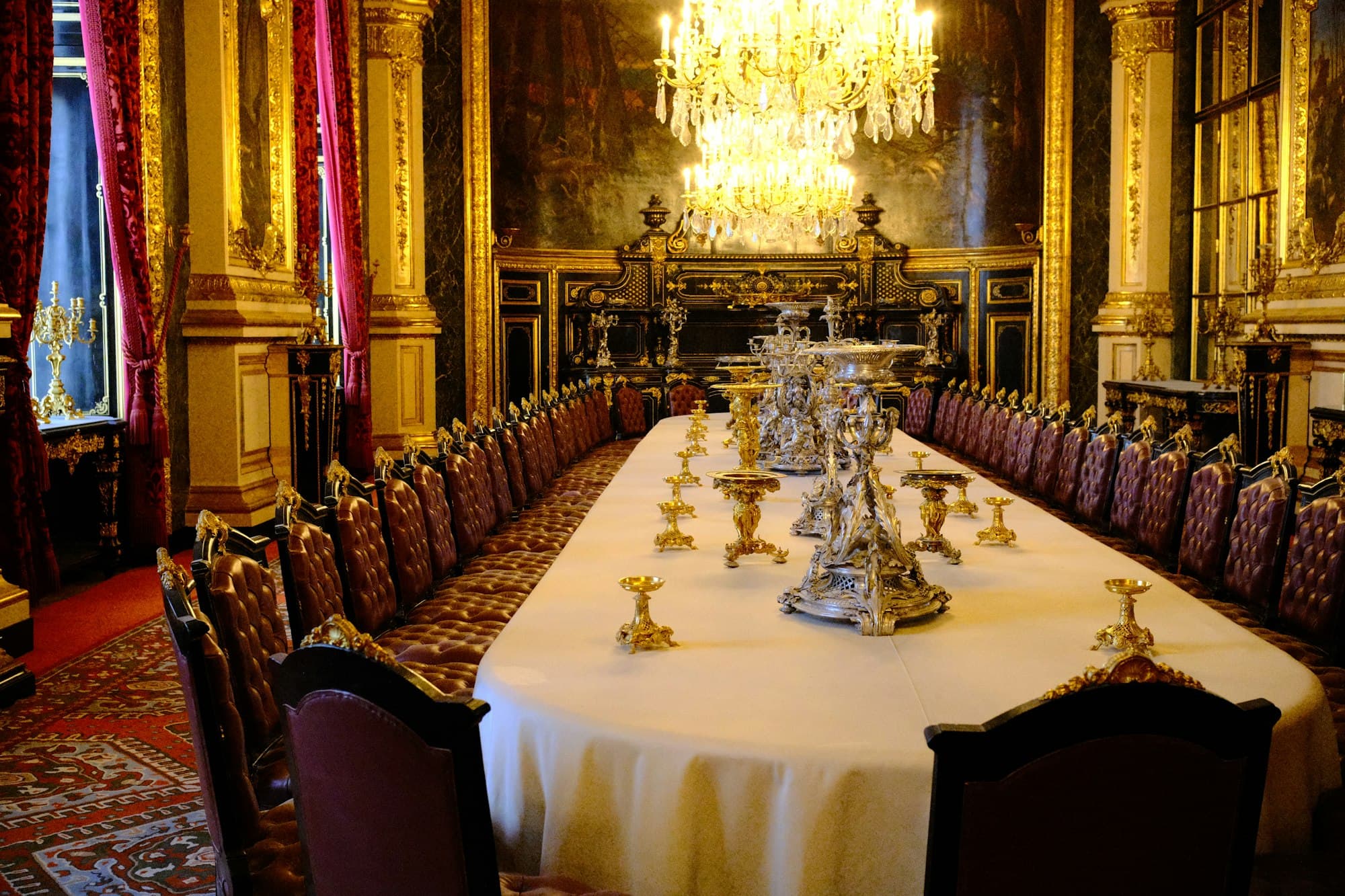 A private dining room laid for a large party